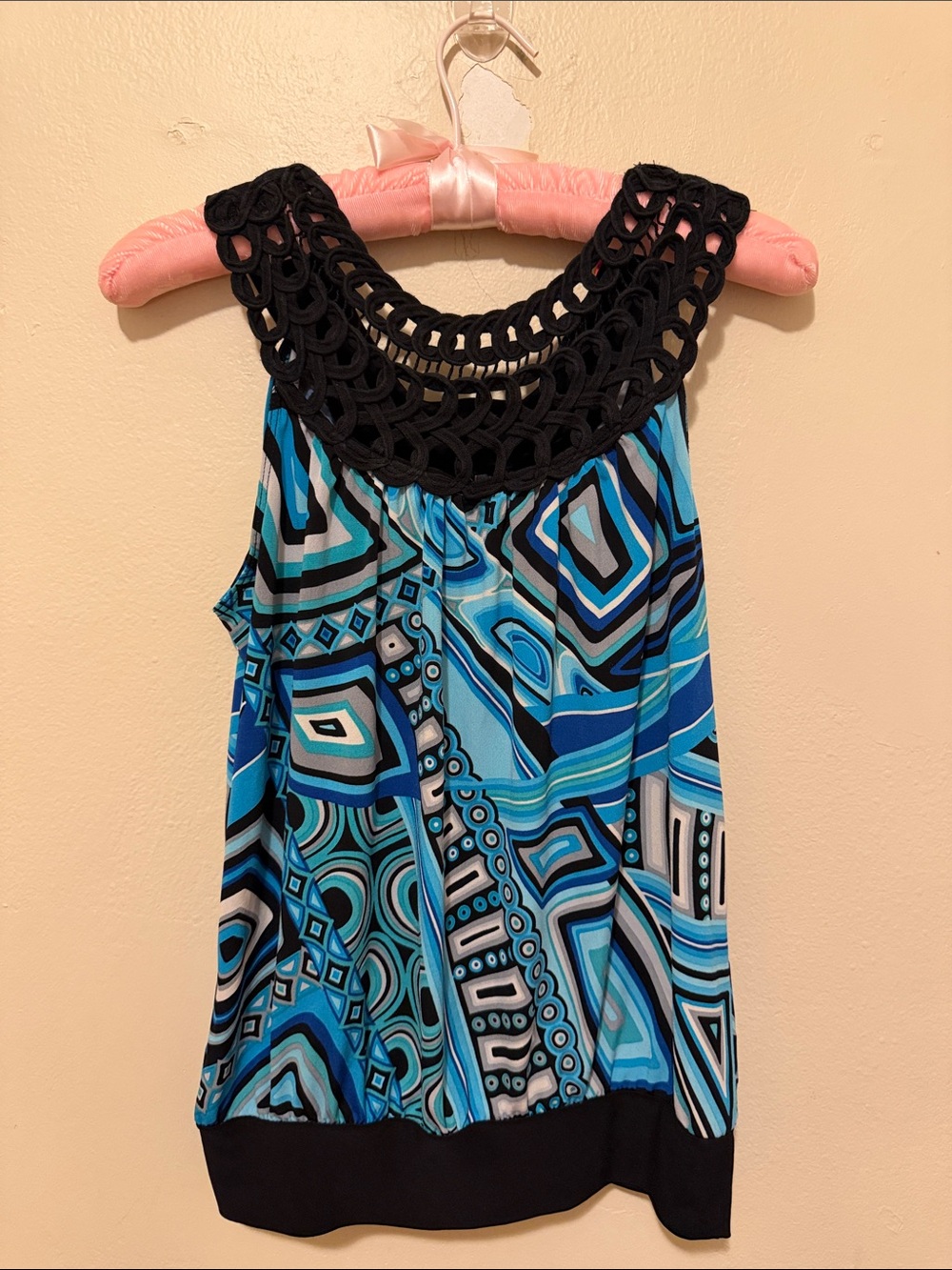 Wrapper Blue Geometric Tank with Black Crochet Neckline